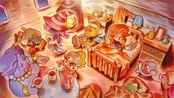 Rule 34 | 4boys, 4girls, admiral bobbery, bead necklace, beads, bed, blanket, blonde hair, breasts, facial hair, fang, flurrie, goombella, hat, heart, heart tail, jewelry, koops, mario, mario (series), mini-yoshi, motojima hakka, ms. mowz, multiple boys, multiple girls, mustache, necklace, night, nintendo, paper mario, paper mario: the thousand year door, pillow, pink hair, purple hair, sleeping, smile, table, tail, tea set, thick lips, vivian (paper mario), witch hat