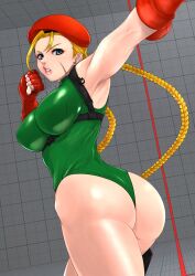 Rule 34 | 1girl, antenna hair, armpits, artist name, ass, beret, blonde hair, blue eyes, braid, breasts, cammy white, facial scar, fighting stance, fingerless gloves, gloves, green leotard, grid, hat, highres, holster, large breasts, leotard, lips, looking at viewer, parted lips, red gloves, scar, scar on cheek, scar on face, sk (sk-g), solo, strap, street fighter, street fighter v, twin braids