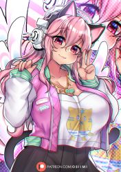 Rule 34 | 1girl, animal ear headphones, animal ears, arms up, artist name, black skirt, blush, breasts, cat ear headphones, cat ears, cat tail, cleavage, closed mouth, collarbone, commentary, fake animal ears, hair between eyes, headphones, highres, jacket, jewelry, large breasts, letterman jacket, lips, long hair, long sleeves, looking at viewer, nail polish, necklace, nitroplus, osiimi, patreon logo, pink eyes, pink hair, pink jacket, pink nails, pleated skirt, shirt, sidelocks, skirt, sleeves past wrists, smile, solo, super sonico, t-shirt, tail, v, virtual youtuber, white jacket, white shirt, wings
