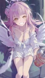 Rule 34 | 1girl, absurdres, blue archive, breasts, cleavage, grin, highres, holding, long hair, loong (loong blo), medium breasts, mika (blue archive), pink hair, sitting, smile, solo, teeth, wings, yellow eyes