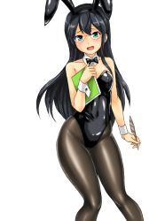 Rule 34 | 1girl, black hair, black leotard, black pantyhose, bow, bowtie, breasts, clipboard, cowboy shot, detached collar, glasses, green eyes, hair between eyes, kantai collection, kudou (ooabareteng), leotard, long hair, looking at viewer, ooyodo (kancolle), open mouth, pantyhose, pen, playboy bunny, semi-rimless eyewear, small breasts, smile, solo, strapless, strapless leotard, traditional bowtie, under-rim eyewear, white background