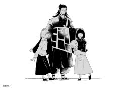 Rule 34 | 1boy, 2girls, absurdres, bob cut, closed eyes, closed mouth, ear piercing, full body, getou suguru, greyscale, hair bun, hand on another&#039;s head, highres, holding, holding stuffed toy, hood, hood down, hoodie, japanese clothes, jujutsu kaisen, kesa, kimono, long hair, long skirt, long sleeves, mimiko (jujutsu kaisen), monochrome, multiple girls, nanako (jujutsu kaisen), open mouth, piercing, profile, sandals, shiba twst 69, shoes, short hair, simple background, skirt, smile, standing, stuffed toy, twitter username, wide sleeves