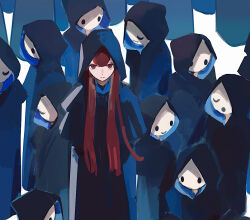Rule 34 | 6+others, :o, arms behind back, black cloak, cloak, closed eyes, closed mouth, commentary, crowd, esloena, hood, hood up, hooded cloak, long hair, looking at viewer, multiple others, original, other focus, red eyes, red hair, smile, symbol-only commentary