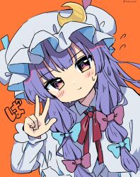 Rule 34 | 1girl, blue bow, blush, bow, closed mouth, crescent, crescent hat ornament, dress, flying sweatdrops, hair bow, hat, hat ornament, highres, long hair, long sleeves, mob cap, orange background, patchouli knowledge, purple dress, purple eyes, purple hair, purple hat, ramudia (lamyun), red bow, sidelocks, simple background, solo, touhou, twitter username, upper body, v