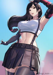 Rule 34 | 1girl, absurdres, arm guards, arm up, armpits, black gloves, black hair, black skirt, black thighhighs, blue sky, bracer, breasts, commentary, cowboy shot, crop top, earrings, elbow gloves, final fantasy, final fantasy vii, final fantasy vii remake, fingerless gloves, floating hair, gloves, highres, jewelry, kagematsuri, large breasts, lips, long hair, low-tied long hair, midriff, miniskirt, navel, outdoors, pleated skirt, red eyes, revision, single earring, skirt, sky, solo, suspender skirt, suspenders, swept bangs, tank top, thighhighs, tifa lockhart, undershirt, white tank top, zettai ryouiki