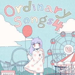 Rule 34 | 1girl, absurdres, album cover, antennae, arm behind back, balloon, blue sky, blush stickers, carousel, cloud, commentary, cover, dress, ferris wheel, highres, holding, holding balloon, limited palette, long hair, long sleeves, no nose, no pupils, noeru (noellemonade), original, pastel colors, polka dot, polka dot dress, purple hair, red eyes, roller coaster, signature, sky, snail, snail girl, snail shell, solo, wing collar