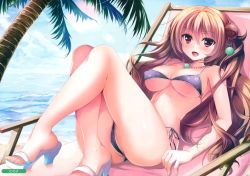 Rule 34 | 1girl, absurdres, bikini, blush, breasts, brown hair, cameltoe, cleavage, covered erect nipples, female focus, fixed, happy, high heels, highres, huge filesize, jewelry, large breasts, long hair, looking at viewer, lying, necklace, ninoko, non-web source, on back, open mouth, palm tree, red eyes, smile, solo, swimsuit, tree, underboob