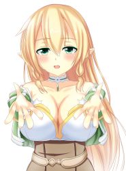 Rule 34 | 10s, 1girl, bad id, bad pixiv id, blonde hair, blush, bracelet, braid, breasts, cleavage, green eyes, hair down, highres, huge breasts, jewelry, large breasts, leafa, long hair, looking at viewer, outstretched arms, puffy sleeves, roberi, solo, sword art online, twin braids