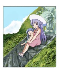 Rule 34 | 2girls, aged down, bad id, bad pixiv id, barefoot, blue hair, child, cloud, commentary request, day, dress, closed eyes, from side, full body, furude rika, green dress, hands on own knees, hanyuu, hat, higurashi no naku koro ni, kototoki, long hair, looking at viewer, mountain, multiple girls, open mouth, outdoors, pink dress, purple eyes, purple hair, sandals, sitting, sky, smile, stairs, sun hat, sundress