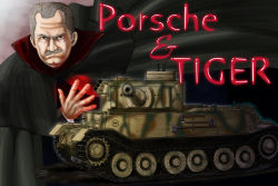 Rule 34 | 1boy, aiming, aiming at viewer, axe, brown eyes, cannon, cape, caterpillar tracks, facial hair, ferdinand porsche, grey hair, highres, male focus, military, military vehicle, motor vehicle, mustache, porsche tiger, real life, shovel, solo, tank, turret, vehicle, weapon, worktool, yoyokkun