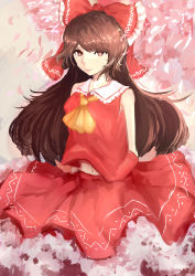 Rule 34 | 1girl, absurdres, arms behind back, ascot, bow, breasts, brown hair, cherry blossoms, fanshu, frilled bow, frills, hair bow, hakurei reimu, highres, lips, long hair, looking at viewer, midriff, navel, neck, nose, petals, red eyes, red skirt, sarashi, silhouette, skirt, sleeveless, small breasts, smile, solo, touhou, tree, very long hair, wind