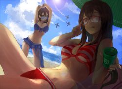 Rule 34 | 10s, 2girls, :q, aircraft, airplane, akagi (kancolle), arms up, aviator sunglasses, beach, bespectacled, bikini, blue bikini, brown eyes, brown hair, bucket, cloud, contrail, contrapposto, day, feirla, glasses, kaga (kancolle), kantai collection, lens flare, long hair, looking at viewer, multiple girls, navel, ocean, outdoors, red-framed eyewear, red bikini, sarong, sky, standing, striped bikini, striped clothes, sun, sunglasses, swimsuit, tongue, tongue out, umbrella
