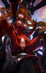 Rule 34 | 1girl, blue eyes, blush, bodysuit, breastless clothes, breasts, brown hair, cockpit, hair ornament, heads-up display, highres, lips, long hair, looking at viewer, mitao (ohayou girls), neon genesis evangelion, nipples, nose, ohayou girls, open clothes, open mouth, plugsuit, pussy, pussy juice, rebuild of evangelion, selfie, signature, sitting, smile, solo, souryuu asuka langley, spread legs, test plugsuit, uncensored, v