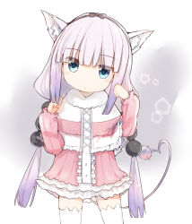 Rule 34 | 10s, 1girl, animal ears, bad id, bad pixiv id, beads, black hairband, blue eyes, blunt bangs, blush, bow, capelet, cowboy shot, dragon girl, dragon tail, dress, hair beads, hair bow, hair ornament, hairband, head tilt, heart, heart tail, kanna kamui, kobayashi-san chi no maidragon, long hair, looking at viewer, monster girl, multicolored hair, silver hair, simple background, solo, standing, tail, thighhighs, thighs, twintails, white thighhighs, zettai ryouiki, zzzzxxx2010nian