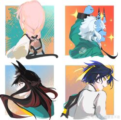 1boy 3girls animal_ears artist_name asaba_harumasa black_hair blue_skin chi_buliao_douzhe_zou_bu_dong chinese_commentary closed_eyes closed_mouth colored_skin floating_hair fox_ears fox_girl green_jacket headband highres horns hoshimi_miyabi jacket long_hair looking_ahead multiple_girls oni open_mouth parted_bangs pink_hair pointy_ears red_eyes shirt short_hair sidelocks smile soukaku_(zenless_zone_zero) sparkle tsukishiro_yanagi upper_body weibo_watermark white_hair white_shirt yellow_eyes yellow_headband zenless_zone_zero