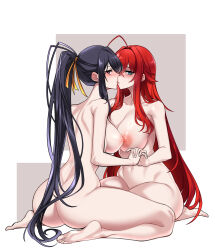 Rule 34 | 2girls, :o, absurdres, ahoge, antenna hair, aqua eyes, ass, asymmetrical docking, back, bare shoulders, barefoot, black hair, blush, breast press, breasts, cleavage, commentary request, completely nude, crossed bangs, curvy, dogs (dlrkdejr26), feet, female focus, full body, hair between eyes, hair ribbon, high ponytail, high school dxd, highres, himejima akeno, holding hands, imminent kiss, large breasts, long hair, looking at viewer, multiple girls, navel, nipples, nude, parted lips, red eyes, red hair, rias gremory, ribbon, sideboob, sitting, stomach, thighs, toes, very long hair, wariza, yellow ribbon, yuri