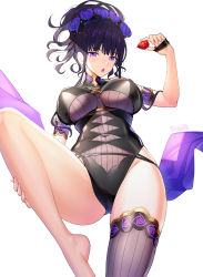 Rule 34 | 1girl, arm up, armlet, bare shoulders, black gloves, black hair, black one-piece swimsuit, breasts, commentary request, covered navel, fate/grand order, fate (series), fingerless gloves, flower, food, fruit, gloves, gold trim, hair flower, hair ornament, hair up, half gloves, highleg, highleg swimsuit, highres, holding, holding food, knee up, large breasts, long hair, looking at viewer, murasaki shikibu (fate), murasaki shikibu (swimsuit rider) (fate), murasaki shikibu (swimsuit rider) (first ascension) (fate), one-piece swimsuit, open mouth, parted lips, purple eyes, purple flower, purple hair, purple rose, ririko (zhuoyandesailaer), rose, shawl, simple background, single thighhigh, solo, strawberry, swimsuit, thighhighs, thighs, tongue, tongue out, white background