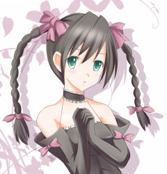 Rule 34 | 1girl, alternate costume, ar tonelico, ar tonelico i, bad id, bad pixiv id, bare shoulders, black hair, bow, braid, detached sleeves, elbow gloves, female focus, gloves, green eyes, gust, hair bow, hair ribbon, own hands clasped, long hair, misha arsellec lune, own hands together, ribbon, shizufa, solo, twin braids, white background