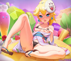 Rule 34 | 1girl, alternate costume, bare shoulders, bikini, blonde hair, blue eyes, blush, boo (mario), breasts, covered erect nipples, earrings, feet, geta, japanese clothes, jewelry, kimono, lips, looking at viewer, mario (series), mask, mask on head, medium breasts, micro bikini, nintendo, ponytail, princess peach, pussy, shoe dangle, short hair, sitting, solo, speh, spread legs, spread pussy under clothes, super mario odyssey, swimsuit, toes, watermark, web address