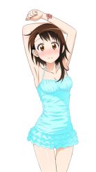 Rule 34 | 10s, 1girl, armpits, arms up, blue one-piece swimsuit, blush, breasts, brown eyes, brown hair, casual one-piece swimsuit, cleavage, collarbone, long hair, medium breasts, nisekoi, one-piece swimsuit, onodera kosaki, short hair, solo, swimsuit, transparent background, white background