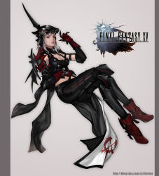 Rule 34 | 10s, 1girl, aranea highwind, armor, breasts, cape, cleavage, copyright name, final fantasy, final fantasy xv, frostce, highres, crossed legs, logo, looking at viewer, midriff, navel, silver hair, sitting, solo, visor (armor)