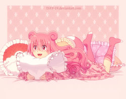 Rule 34 | 1girl, :d, animal ears, creatures (company), curly hair, dav-19, fangs, floral print, frilled pillow, frills, game freak, gen 1 pokemon, legs up, long hair, lying, nintendo, hugging object, on bed, on stomach, open mouth, pajamas, personification, pillow, pillow hug, pink eyes, pink hair, pink socks, pokemon, slowpoke, smile, socks, solo, tail, watermark, web address