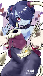 Rule 34 | 1girl, blue hair, blue skin, border, breasts, colored skin, covered navel, cowboy shot, detached collar, double v, dress, hair over one eye, highres, leviathan (skullgirls), looking at viewer, medium breasts, mtk hoshi, purple background, red eyes, side ponytail, sideboob, skeletal arm, skullgirls, smile, solo, squigly (skullgirls), stitched mouth, stitches, v, white background, white border, zombie