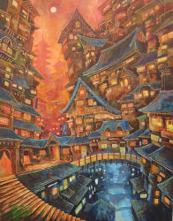 Rule 34 | acrylic paint (medium), architecture, bridge, city, commentary request, curtains, door, east asian architecture, fantasy, full moon, highres, kemi neko, moon, no humans, original, outdoors, painting (medium), red sky, red theme, scenery, sky, stairs, star (sky), traditional media, window