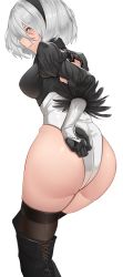 Rule 34 | 1girl, absurdres, ass, black leotard, black thighhighs, blush, boots, breasts, frilled sleeves, frills, from behind, harris hero, highres, large breasts, leotard, long sleeves, looking at viewer, looking back, nier (series), nier:automata, short hair, silver hair, simple background, skindentation, smile, solo, thigh boots, thighhighs, two-tone leotard, white background, white leotard, 2b (nier:automata)