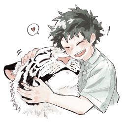 Rule 34 | 1boy, animal, aqistory, boku no hero academia, closed eyes, collared shirt, commentary request, freckles, green hair, green shirt, heart, highres, male focus, midoriya izuku, official alternate costume, open mouth, petting, shirt, short hair, short sleeves, simple background, smile, spoken heart, thai commentary, tiger, white background, white tiger