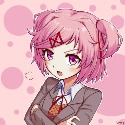 Rule 34 | 1girl, broly matsumoto, brown jacket, collared shirt, commentary request, crossed arms, doki doki literature club, dotted background, hair ornament, hair ribbon, jacket, light blush, long sleeves, looking at viewer, medium hair, natsuki (doki doki literature club), neck ribbon, open mouth, pink background, pink hair, pink theme, purple eyes, ribbon, shirt, signature, solo, twintails, upper body, white shirt