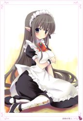 Rule 34 | 1girl, absurdres, black hair, breast hold, breasts, cleavage, green eyes, highres, large breasts, long hair, maid, maid headdress, pantyhose, pointy ears, print pantyhose, shoes, sitting, solo, takashina masato, very long hair, white pantyhose