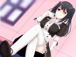 Rule 34 | 1girl, black hair, breasts, clock eyes, commentary request, date a live, garter straps, gloves, heterochromia, highres, large breasts, crossed legs, looking at viewer, maid, sitting, smile, solo, symbol-shaped pupils, tokisaki kurumi, tokisakijp, twintails, white gloves, white legwear, yellow eyes