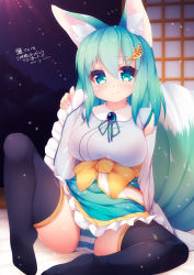 Rule 34 | aqua eyes, aqua hair, black legwear, blush, bow, bowtie, breasts, detached sleeves, dress, fox girl, fox tail, frilled dress, frilled sleeves, frills, hair ornament, large breasts, multicolored tail, multiple tails, night, night sky, no shoes, panties, sitting, sky, smile, striped clothes, striped panties, tail, thighhighs, torii (kedamatori), underwear