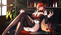 Rule 34 | 1girl, absurdres, ass, bare shoulders, bottle, breasts, chixiao, cleavage, couch, cup, detached sleeves, drinking glass, headdress, highres, indoors, large breasts, long hair, long sleeves, mole, mole under eye, on couch, original, plant, red hair, sitting, solo, thighhighs, wine bottle, wine glass