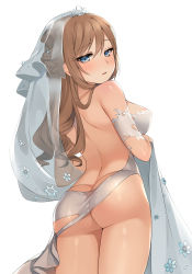 Rule 34 | 1girl, ass, back, bad id, bad pixiv id, blue eyes, blush, breasts, bridal veil, canape (canape0130), damaged, dress, from behind, girls&#039; frontline, hair between eyes, large breasts, long hair, looking at viewer, looking back, official alternate costume, open mouth, sidelocks, snowflakes, solo, suomi (blissful mission) (girls&#039; frontline), suomi (girls&#039; frontline), tiara, torn clothes, veil, wedding dress, white dress