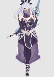 Rule 34 | 1girl, bare shoulders, blue eyes, blue hair, breasts, cleavage, dual wielding, earrings, ebinku, fire emblem, grey background, grin, highres, holding, jewelry, large breasts, light blue hair, looking at viewer, mole, mole under eye, mouth veil, nintendo, ponytail, see-through, shimazaki maiko, short hair, smile, solo, sword, tokyo mirage sessions fe, veil, weapon
