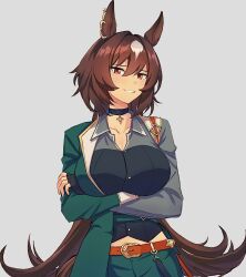 Rule 34 | 1girl, animal ears, arms under breasts, black gloves, breasts, brown hair, cleavage, collared shirt, fingerless gloves, gloves, green jacket, green pants, grey background, grey shirt, highres, horse ears, jacket, kashu ri, large breasts, long hair, looking at viewer, open mouth, pants, pendant choker, red eyes, shirt, simple background, sirius symboli (umamusume), smile, solo, umamusume, upper body