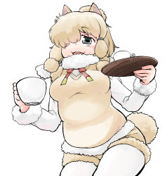 Rule 34 | 10s, 1girl, :3, :d, absurdres, alpaca suri (kemono friends), blonde hair, cowboy shot, cup, fur trim, grey eyes, hair over one eye, hare (tetterutei), highres, holding, holding cup, holding tray, horizontal pupils, kemono friends, long sleeves, looking at viewer, neck ribbon, one eye covered, open mouth, pantyhose, ribbon, shorts, simple background, smile, solo, thighhighs, tray, vest, white background, white pantyhose