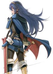 Rule 34 | 1girl, ass, bad id, bad twitter id, belt, black pantyhose, blue eyes, blue footwear, blue gloves, blue hair, boots, cape, fingerless gloves, fire emblem, fire emblem awakening, gloves, hairband, holding, holding sword, holding weapon, kirusu, long hair, lucina (fire emblem), matching hair/eyes, nintendo, pantyhose, profile, sheath, simple background, solo, striped clothes, striped pantyhose, sword, tiara, vertical-striped clothes, vertical-striped pantyhose, weapon, white background