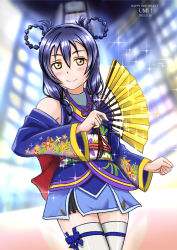 Rule 34 | 1girl, angelic angel, birthday, blue hair, brown eyes, dated, detached sleeves, folding fan, hand fan, happy birthday, highres, japanese clothes, kimono, looking at viewer, love live!, obi, sash, smile, solo, sonoda umi, urushibara michiwo, yellow eyes