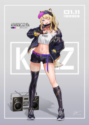 Rule 34 | 1girl, ;p, absurdres, animal ears, asymmetrical legwear, baseball cap, belt, blonde hair, character name, cropped shirt, dated, dog ears, dog tail, ears through headwear, fingerless gloves, gloves, hand in pocket, hat, highres, jacket, kadiel, kmnz, kneehighs, long hair, long sleeves, looking at viewer, mask, mask pull, mc lita, midriff, navel, off shoulder, one eye closed, open clothes, open jacket, paw print, shoes, short shorts, shorts, single bare shoulder, single kneehigh, single sock, single thighhigh, sneakers, socks, stereo, sweat, tail, thighhighs, tongue, tongue out, uneven legwear, virtual youtuber