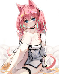Rule 34 | 1girl, :o, animal ears, blue eyes, breasts, cat ears, cat girl, cat tail, cleavage, collarbone, commentary, dress, feet out of frame, green hair, hair between eyes, knee up, long hair, long sleeves, looking at viewer, medium breasts, multicolored hair, original, parted lips, piyokichi, red hair, revision, sitting, solo, tail, twintails, two-tone hair, white background, white dress, yarn, yarn ball