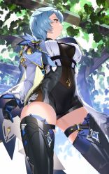 Rule 34 | 1girl, black gloves, blue hair, breasts, chinese commentary, commentary request, cowboy shot, eula (genshin impact), genshin impact, gloves, highres, juliet sleeves, leaf, long sleeves, medium breasts, profile, puffy sleeves, shikaemon, shirt, short hair, solo, standing, thighhighs, thighs, white background, white shirt, wide sleeves, yellow eyes