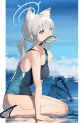 Rule 34 | 1girl, animal ear fluff, animal ears, black footwear, black one-piece swimsuit, blue archive, blue eyes, blue halo, breasts, commentary, competition swimsuit, fish, grey hair, halo, highres, legs, looking at viewer, mackerel (fish), medium breasts, medium hair, mouth hold, ocean, official alternate costume, one-piece swimsuit, sandals, shiroko (blue archive), shiroko (swimsuit) (blue archive), sitting, solo, swimsuit, thighs, yuan (ziranran)