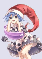 Rule 34 | 1girl, :d, arm support, black dress, blob, blue eyes, blue hair, doremy sweet, dream soul, dress, feet out of frame, grey background, houshiruri, looking at viewer, multicolored clothes, multicolored dress, nightgown, open mouth, pom pom (clothes), red headwear, short hair, simple background, smile, solo, tail, tapir tail, touhou, white dress