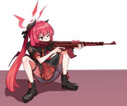 Rule 34 | 1girl, arca.live (website), bare legs, blue archive, gun, halo, highres, horns, junko (blue archive), looking at another, red hair, red halo, second-party source, simple background, solo, squatting, twintails, weapon, white background, yudeul