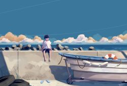 Rule 34 | 1boy, arm support, black hair, black shorts, blue footwear, blue sky, boat, cloud, commentary request, contrail, day, flip-flops, highres, lifebuoy, looking to the side, ocean, original, outdoors, plant, rock, sandals, scenery, shirt, short hair, short sleeves, shorts, sitting, sitting on wall, sky, solo, stone wall, swim ring, taizo (taizo 03), tire, unworn sandals, wall, water, watercraft, white shirt, wide shot