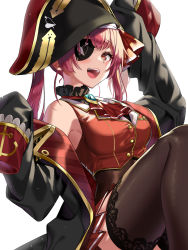 Rule 34 | 1girl, :d, arrow through heart, ascot, bad id, bad pixiv id, bare shoulders, black coat, black hat, breasts, brown leotard, brown thighhighs, coat, commentary request, cropped vest, eyepatch, feet out of frame, hair ribbon, hat, highres, hololive, houshou marine, large breasts, leotard, leotard under clothes, long hair, long sleeves, looking at viewer, masyu jyaga, miniskirt, off shoulder, one eye covered, open clothes, open coat, open mouth, pirate hat, pleated skirt, purple hair, red ascot, red eyes, red ribbon, red skirt, red vest, ribbon, sitting, skirt, sleeves past fingers, sleeves past wrists, smile, solo, thighhighs, thighs, twintails, vest, virtual youtuber