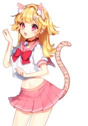 Rule 34 | 1girl, animal ears, bell, blonde hair, bow, collar, crop top, earrings, fang, hair ornament, hairclip, jewelry, jingle bell, looking at viewer, midriff, navel, neck bell, ninee, nishita, open mouth, original, paw pose, pink eyes, pink skirt, pleated skirt, school uniform, serafuku, simple background, skirt, slit pupils, solo, tail, tiger ears, tiger tail, two side up, white background